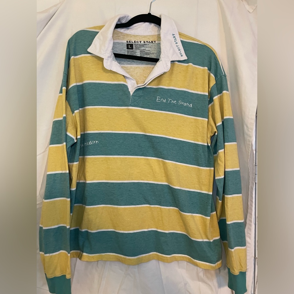Green and yellow striped mental health awareness long sleeve w/ collar shirt💚💛